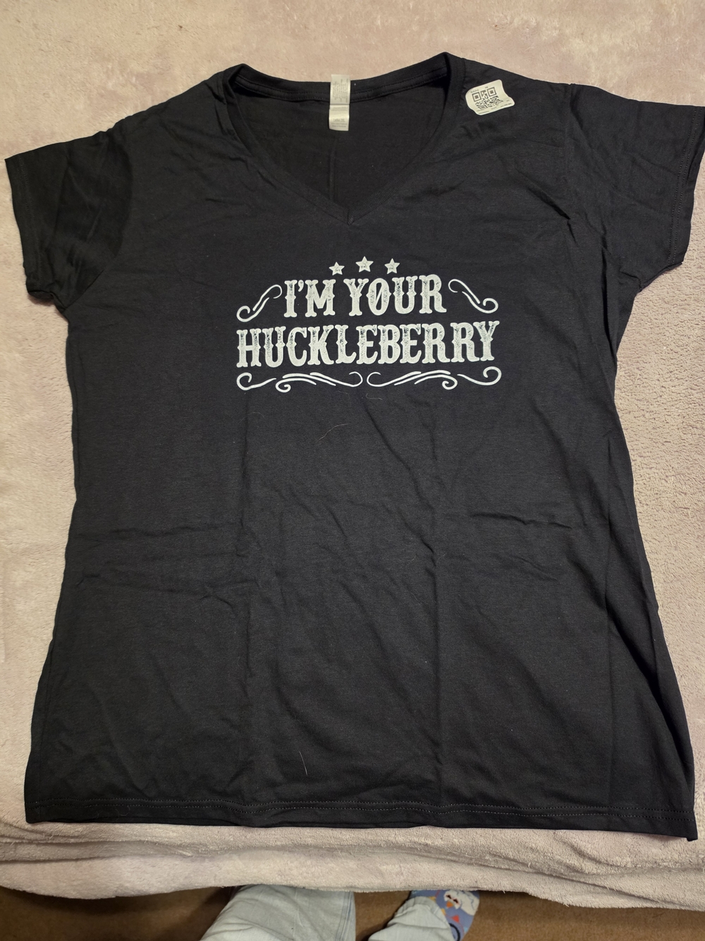 Funny Black V‑Neck Graphic Tee "I'm Your Huckleberry"